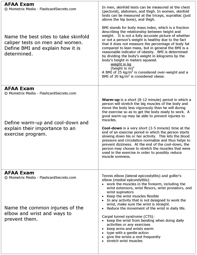 AFAA Certified Personal Fitness Trainer Exam Flashcard Study System Free Online Sample Practice Test Questions